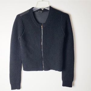 Theory Ribbed Wool Lambskin Leather Zip Up Sweater
